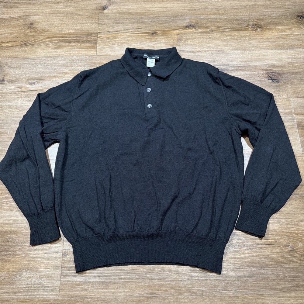 Vintage Neiman Marcus Men's XL Black Polo Sweater 100% Wool Made In Italy L/S